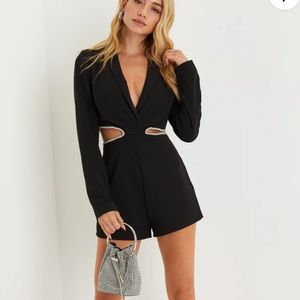 Lulus Sparkling Delight Black Rhinestone Cutout Collared Romper size small NWT